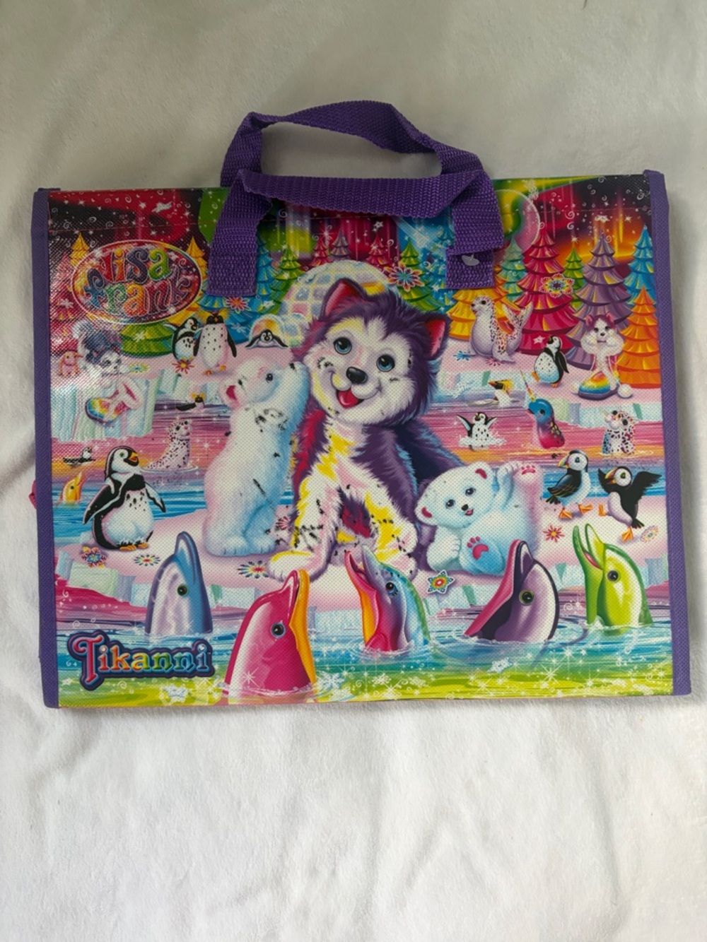 Lisa Frank Rainbow Arctic Animals Tote with Purple Handles
